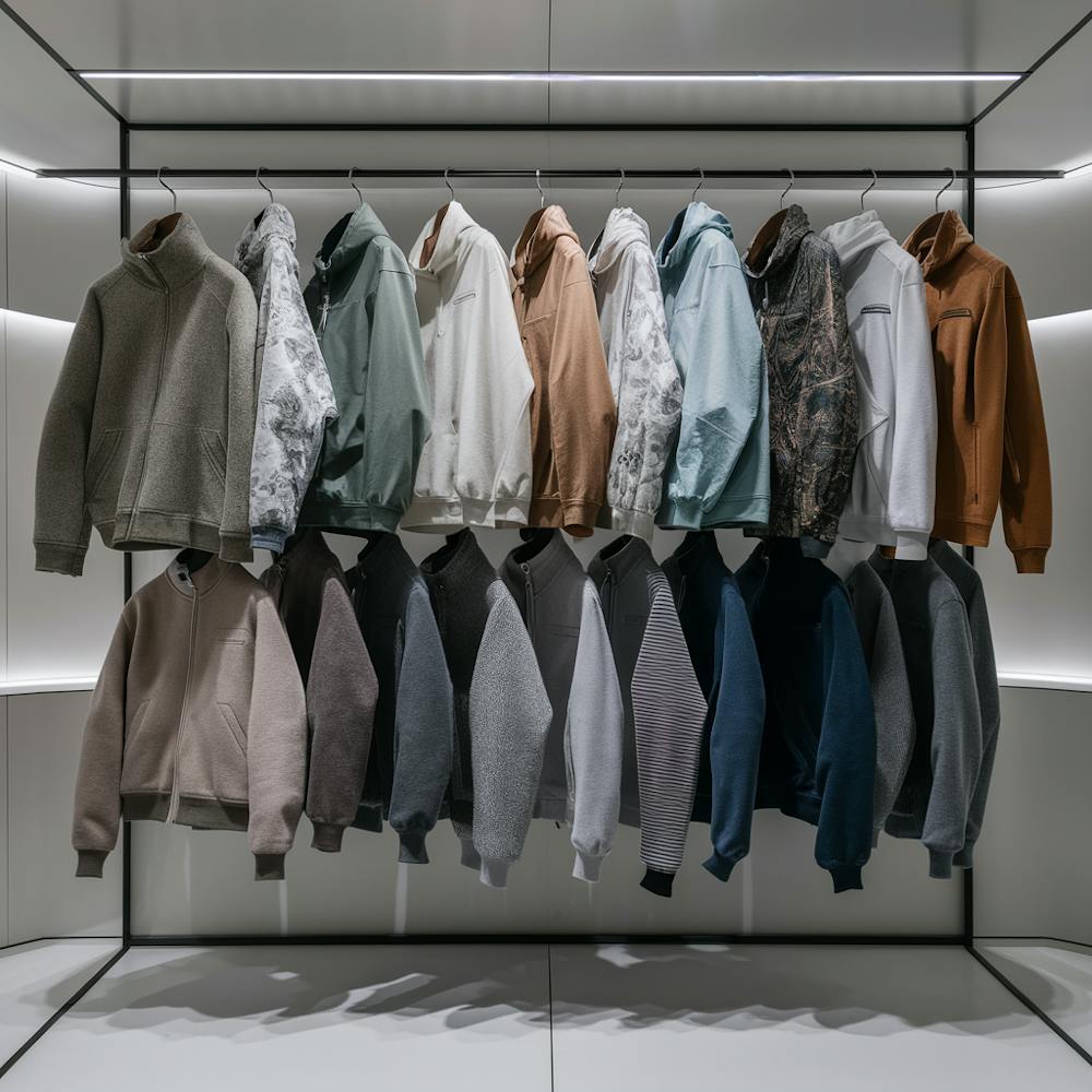 A rack of men's jackets and hoodies on a rack