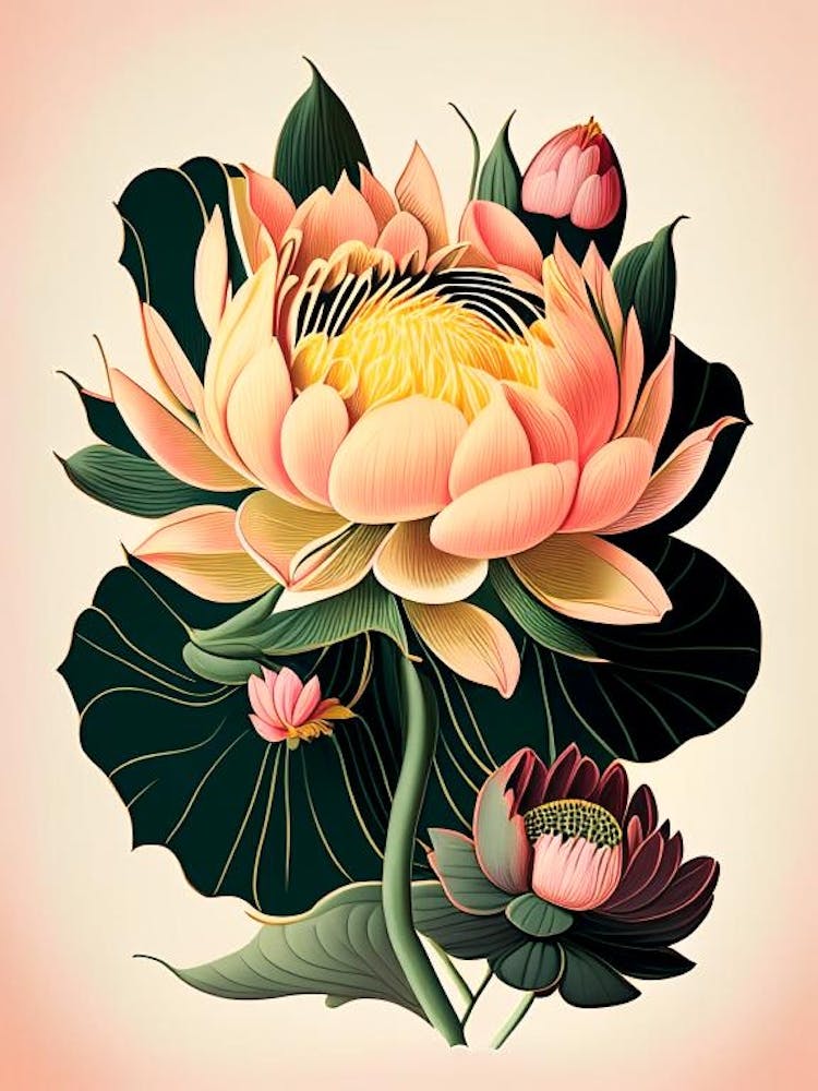 Lotus Flower Bouquet Retro Illustration 1
