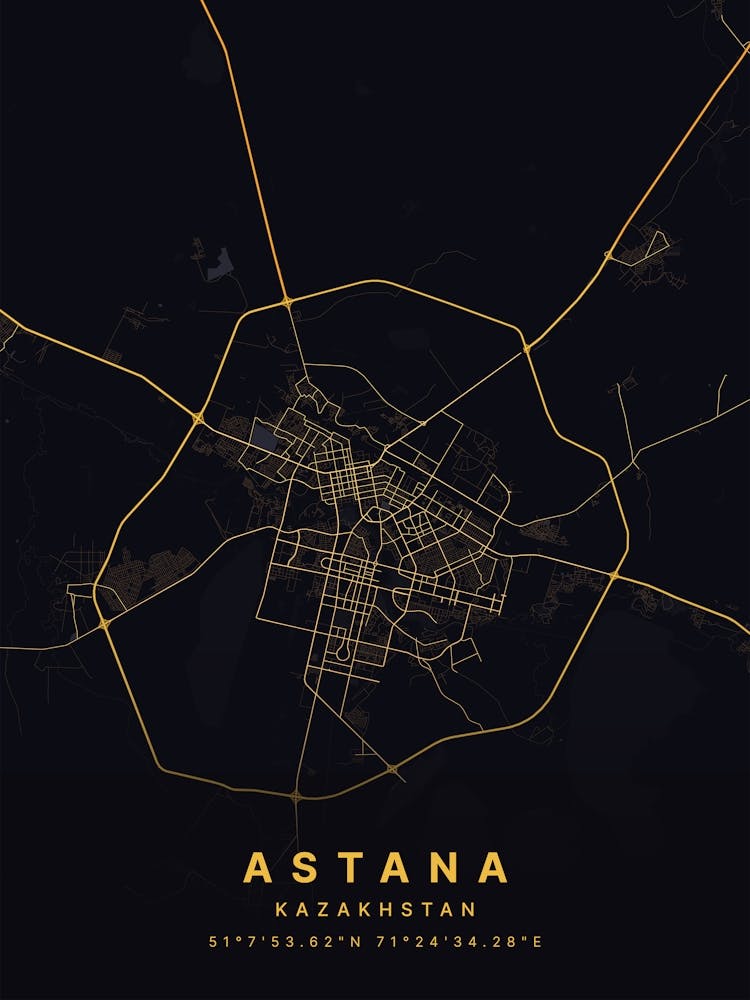 Astana Kazakhstan Black And Gold Map