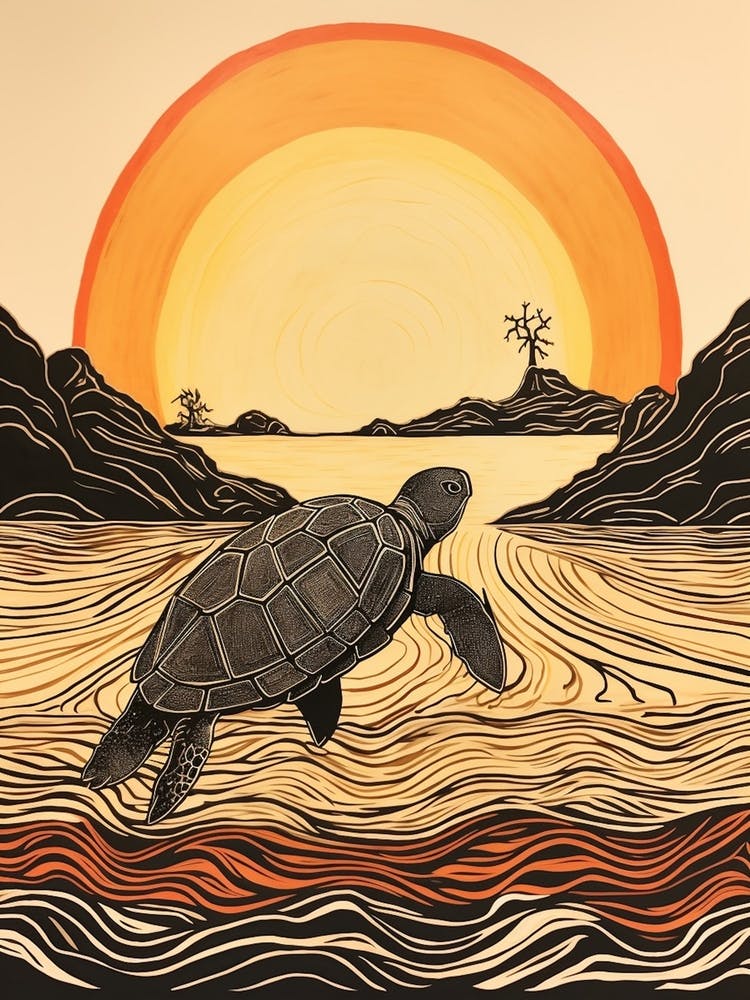 Delicate Line Drawing Of Sea Turtle And Sunset Warm Tones