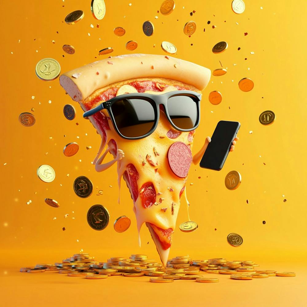 A Slice Of Pizza Wearing Sunglasses And Holding A Smartphone, While Coins Rain Down Around It, Celebrating Its Newfound Wealth