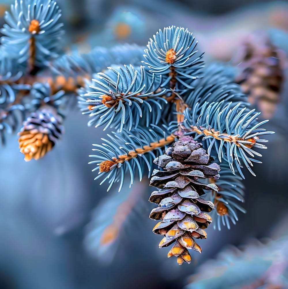 Bereifte Tannenzapfen auf Blaufichtenästen