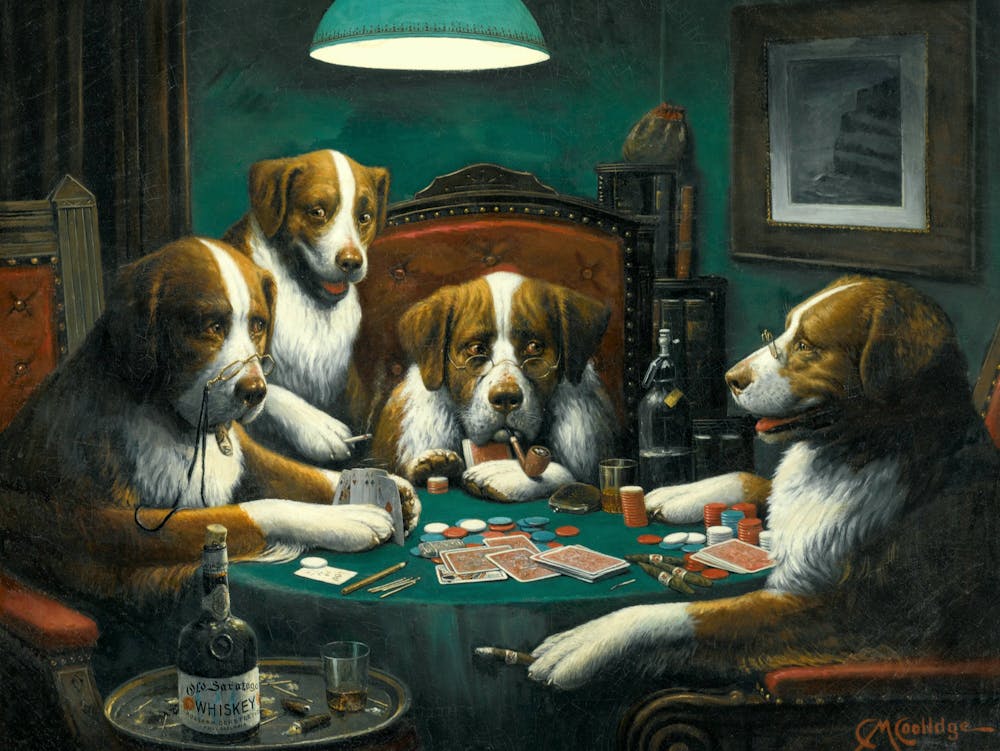 The Dogs Playing Poker ~ Famous Antique Painting by Cassius Marcellus Coolidge c1903 ~ Remastered HD Funny Made for Brown and Binglow Cigars