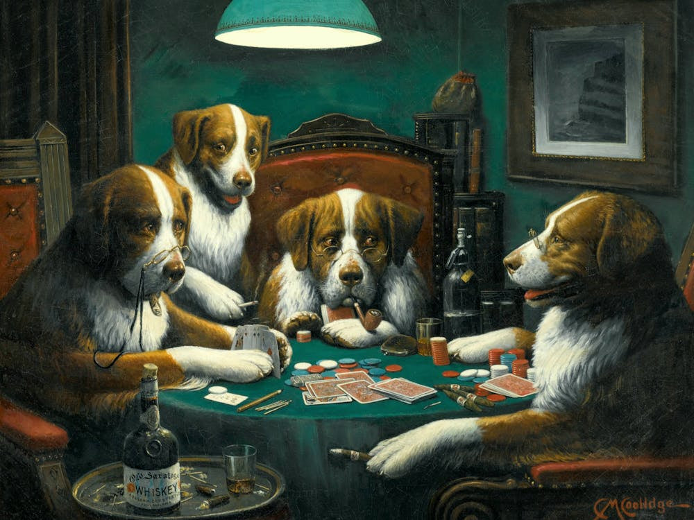 The Dogs Playing Poker ~ Famous Antique Painting by Cassius Marcellus Coolidge c1903 ~ Remastered HD Funny Made for Brown and Binglow Cigars