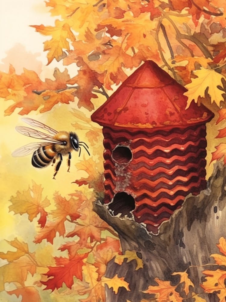 Red Mason Bee Beehive Watercolour Illustration 3