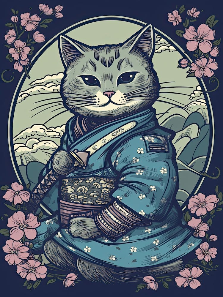 Cute Samurai Cat In The Style Of William Morris 7