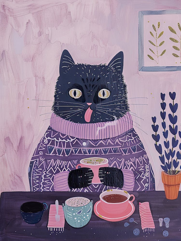 Grey Cat Having Breakfast Folk Illustration 2
