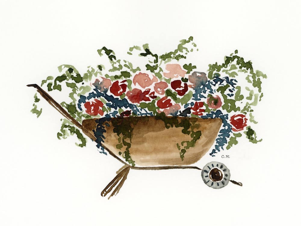 Watercolour Flowers In A Wheelbarrow