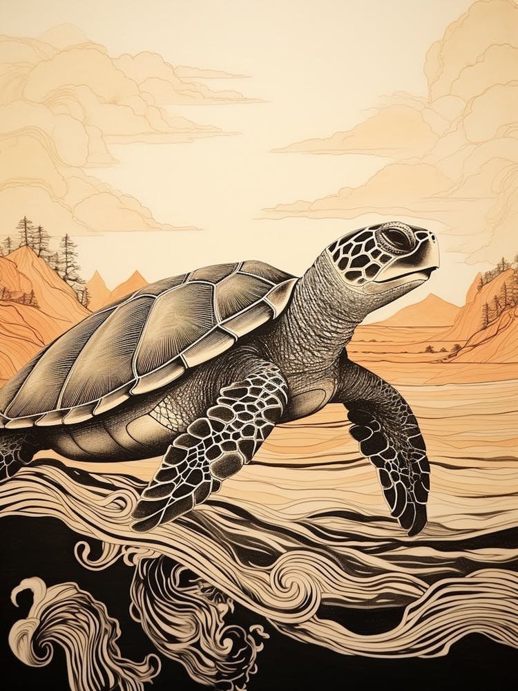 Delicate Line Drawing Of Sea Turtle Warm Tones