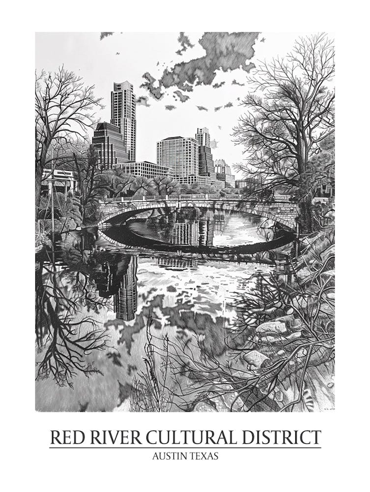 Red River Cultural District Austin Texas Black And White Drawing 3 Poster