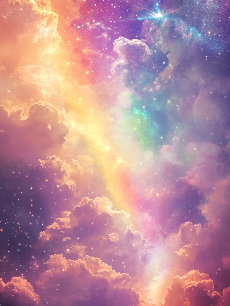 painting of a Beam of light piercing pastel clouds in blush, peach, and gold tones – romantic, atmospheric art suited for reading nook, spa, or calming retreat space