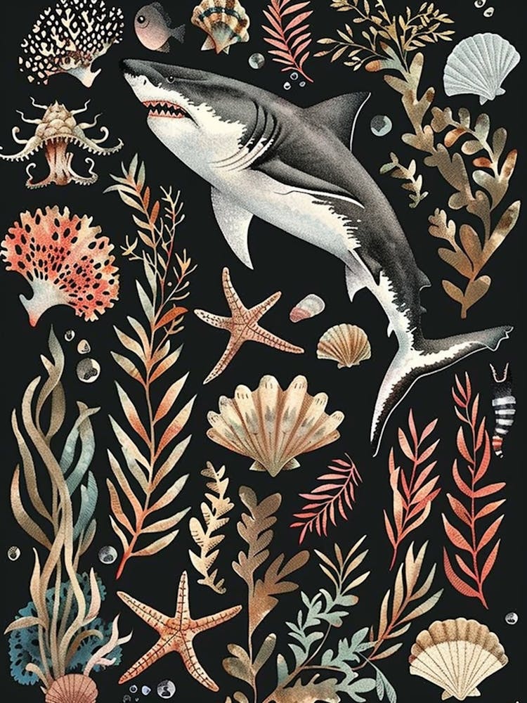 Great White Shark Black Background Illustration 2