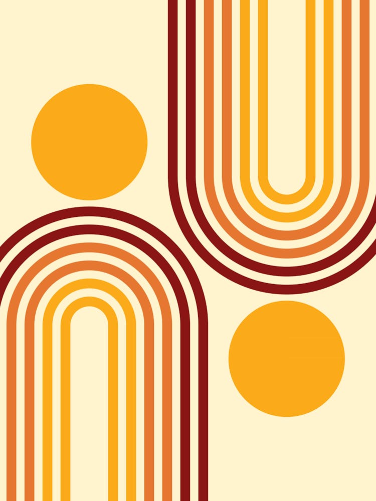 Mid Century Modern Geometric Rainbow And Sun Abstract A5 In Classy Red Gold 01