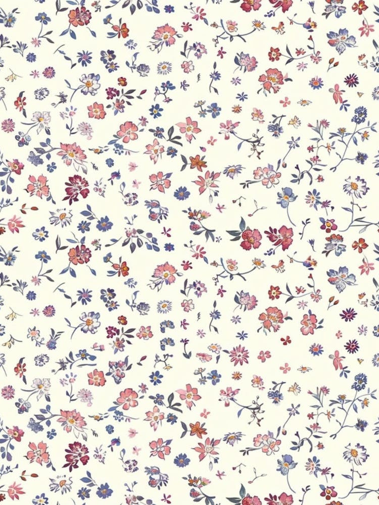 Korean Style Small Floral,Ditsy Small Floral Pattern, Exquisite Flowers，Small Flowers On A White Background, With Red, Pink And Blue Accents