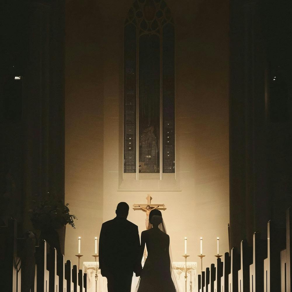 Silhouette Of Bride And Groom Walking Down Aisle