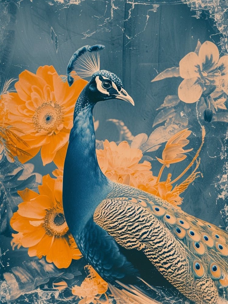Floral Orange & Blue Peacock 1