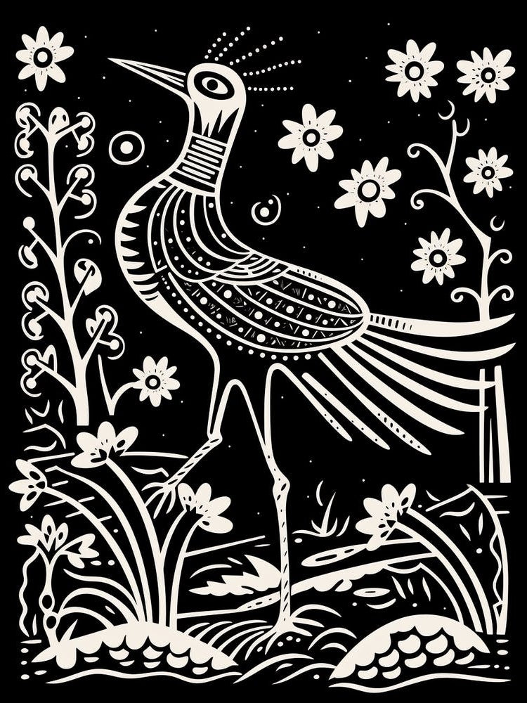 B&W Bird Linocut Roadrunner 2