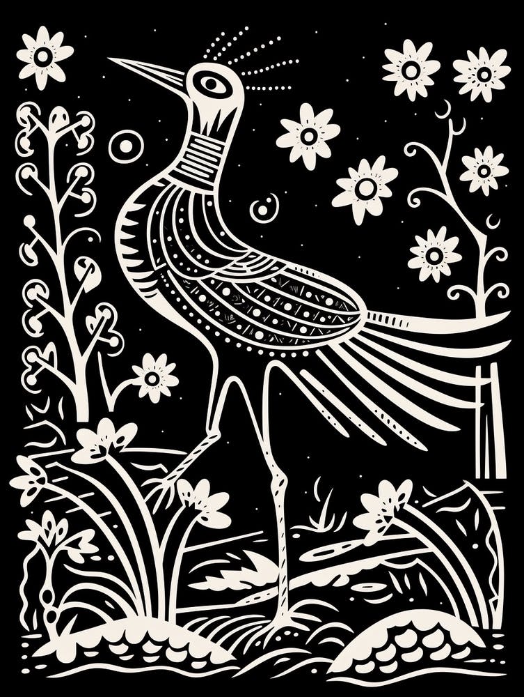 B&W Bird Linocut Roadrunner 2