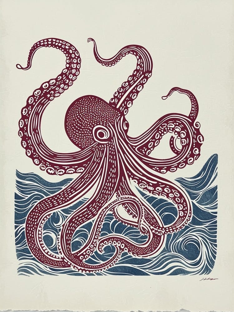 Red & Navy Blue Octopus In The Ocean Linocut Inspired 5