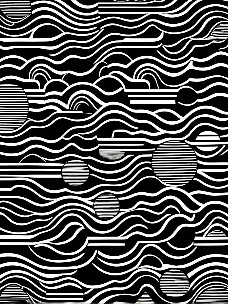 Retro Inspired Linocut Abstract Shapes Black And White Colors art, 181