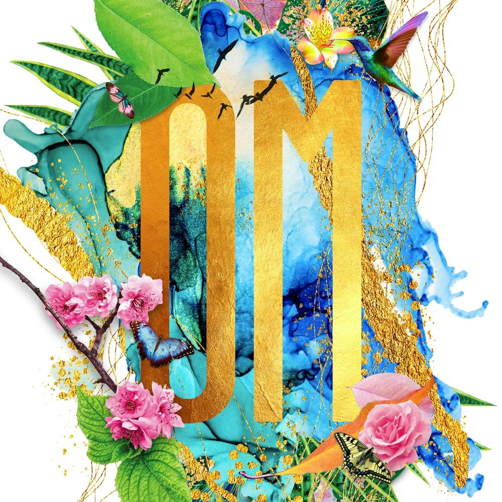 Om Botanical And Floral Text With Humming Bird In Gold, Pink, Blue And Green