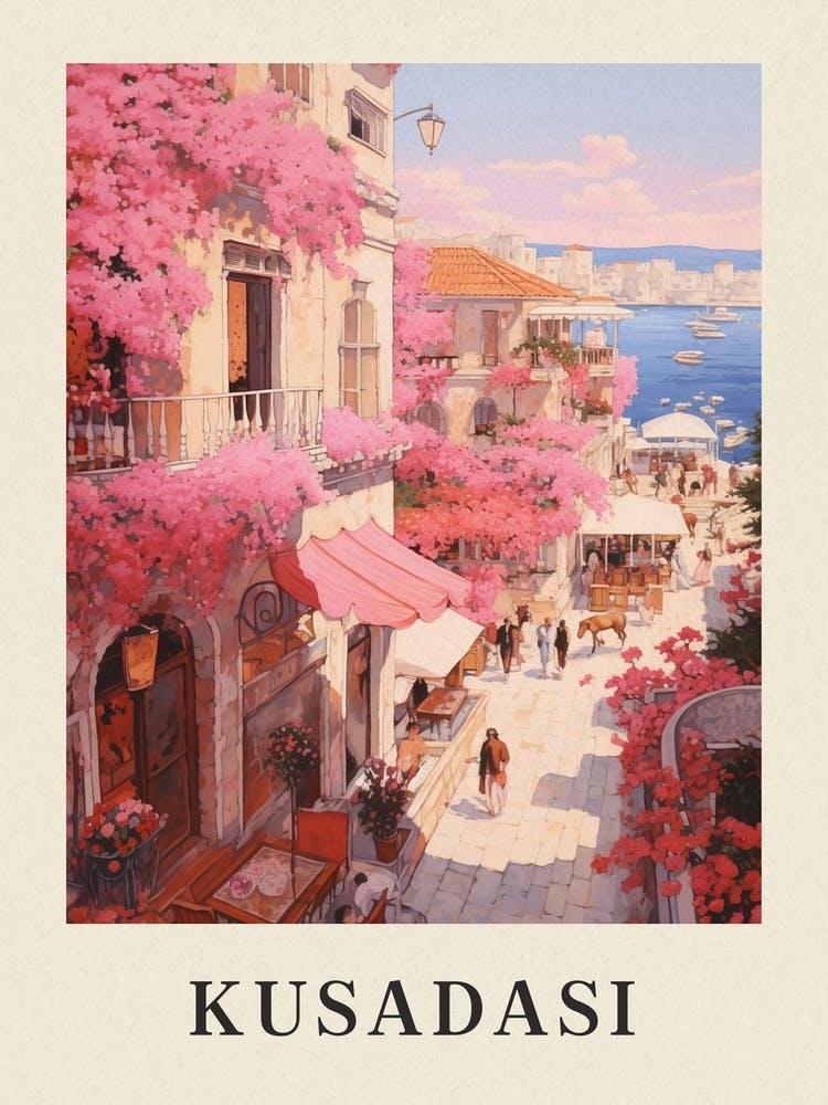 Kusadasi Turkey 4 Vintage Pink Travel Illustration Poster