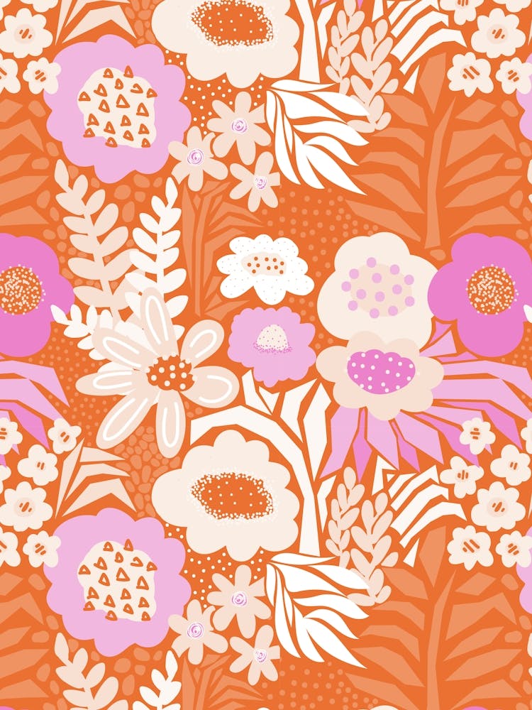 Paper Cut And Doodle Floral Collage Pink Orange Cream White