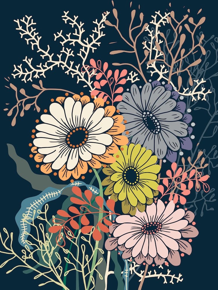 Springtime Daisies Dark Blue