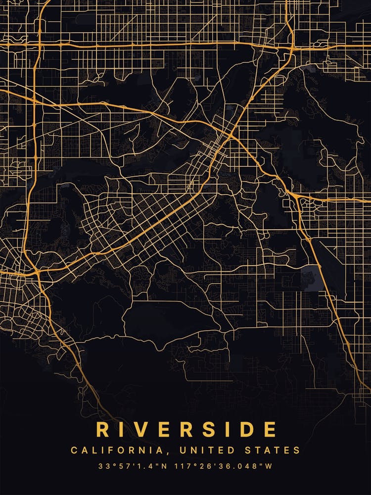 Riverside California USA Black And Gold Map