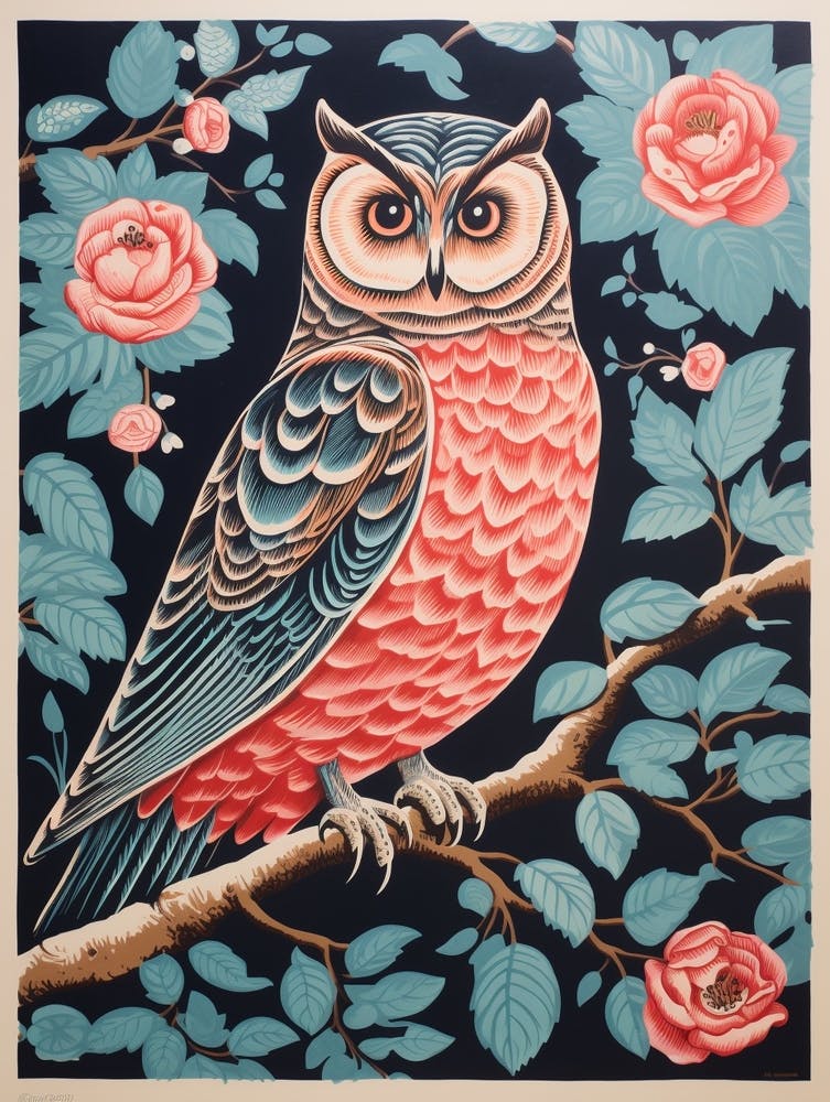 Vintage Bird Linocut Owl 1