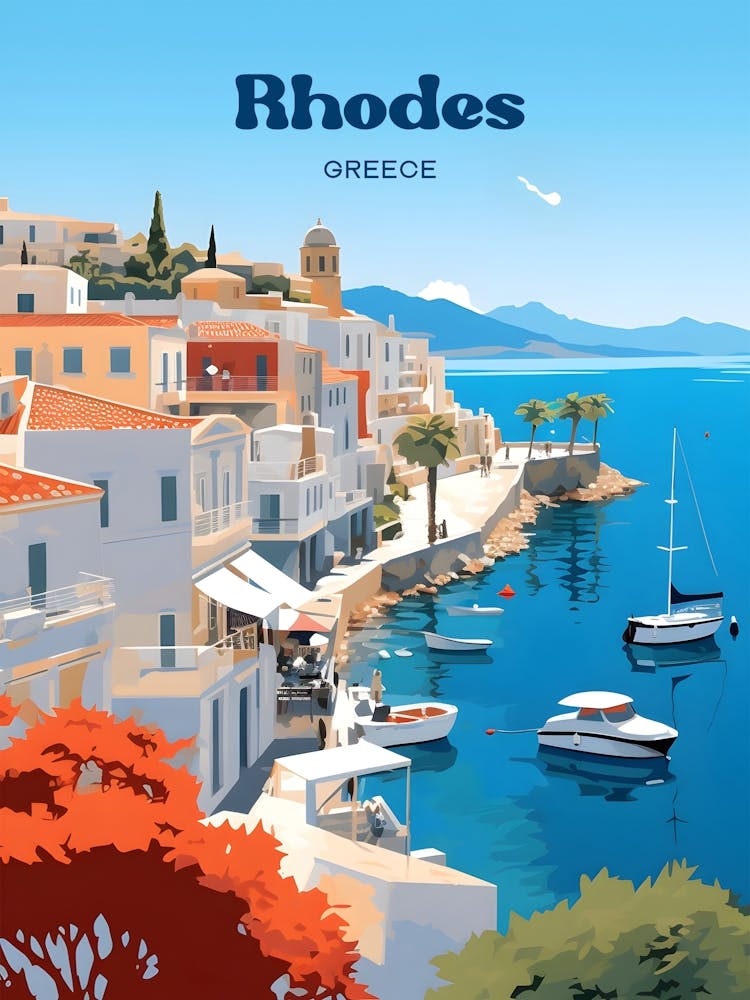Rhodes Greece Seaside Travel Illustration