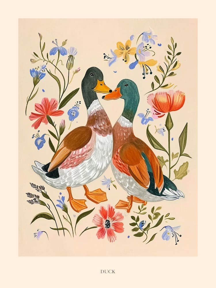 Folksy Floral Animal Drawing Duck 4 Poster