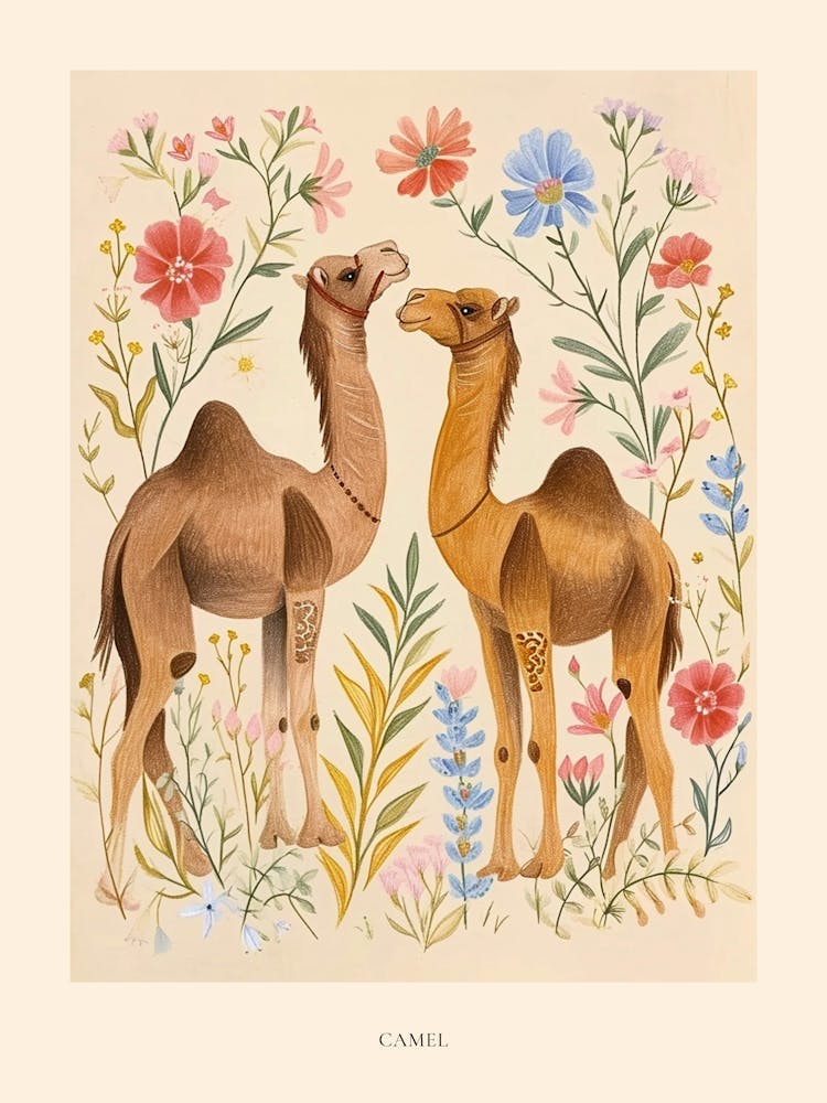Folksy Floral Animal Drawing Camel 2 Poster