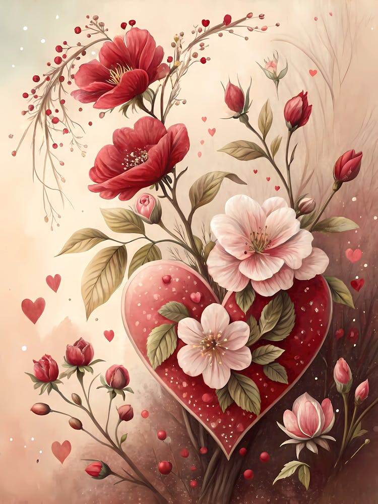 Oil Painting Style Romantic Floral Heart