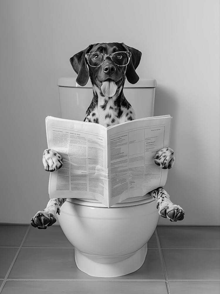 German Shorthaired Pointer Sitting On Toilet Wall Art, Gsp Reading Newspaper, Black And White Print, Funny Dog Poster, Bathroom Wall Decor