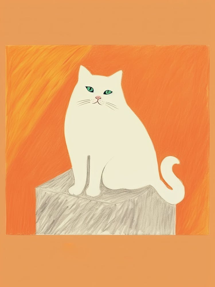 White Cat Orange Background Illustration 3