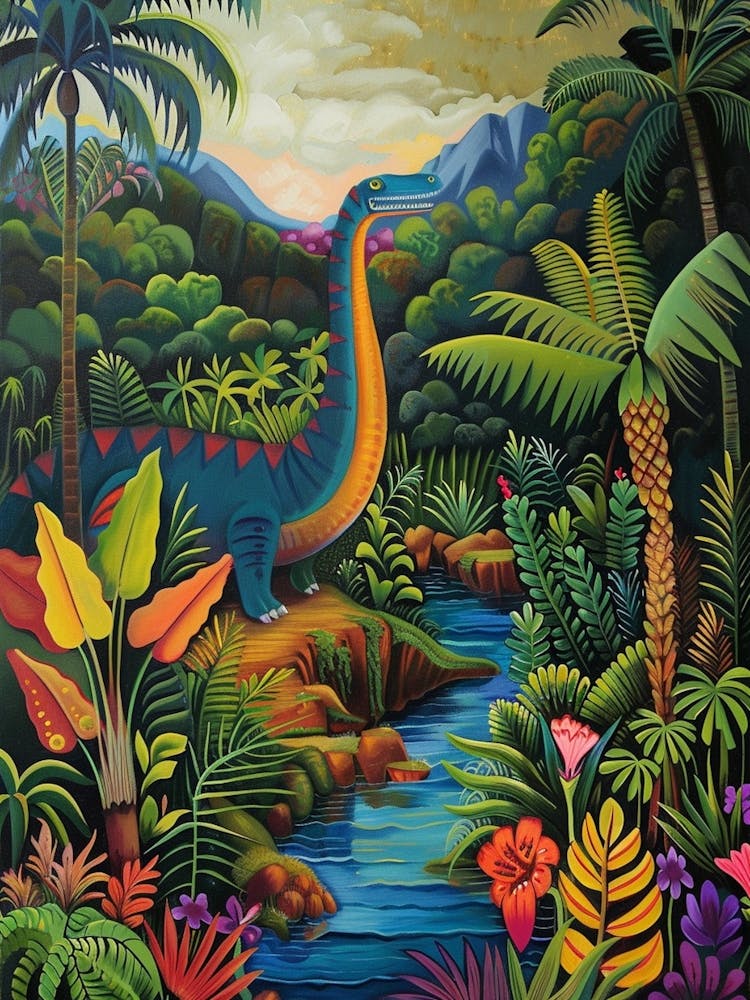 Colourful Dinosaur By The River Painting 1