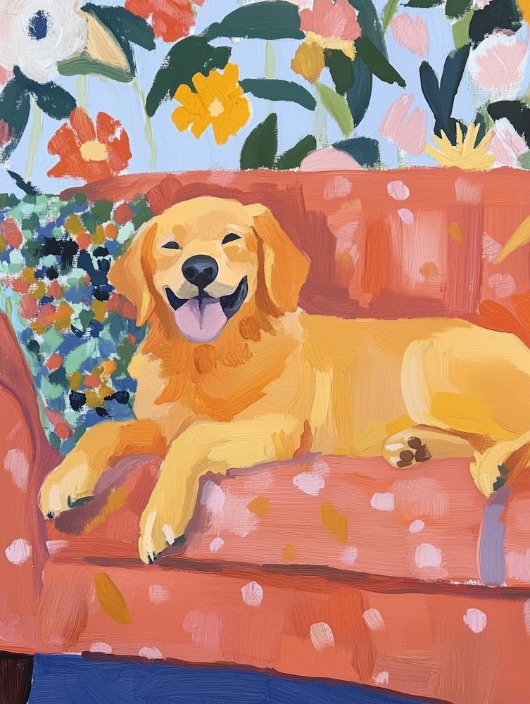 Golden Retriever on Couch Gouache Painting