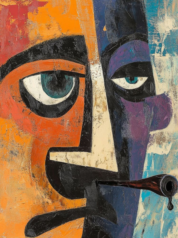 Abstract Portrait Painting Representing A Man Smoking A Pipe