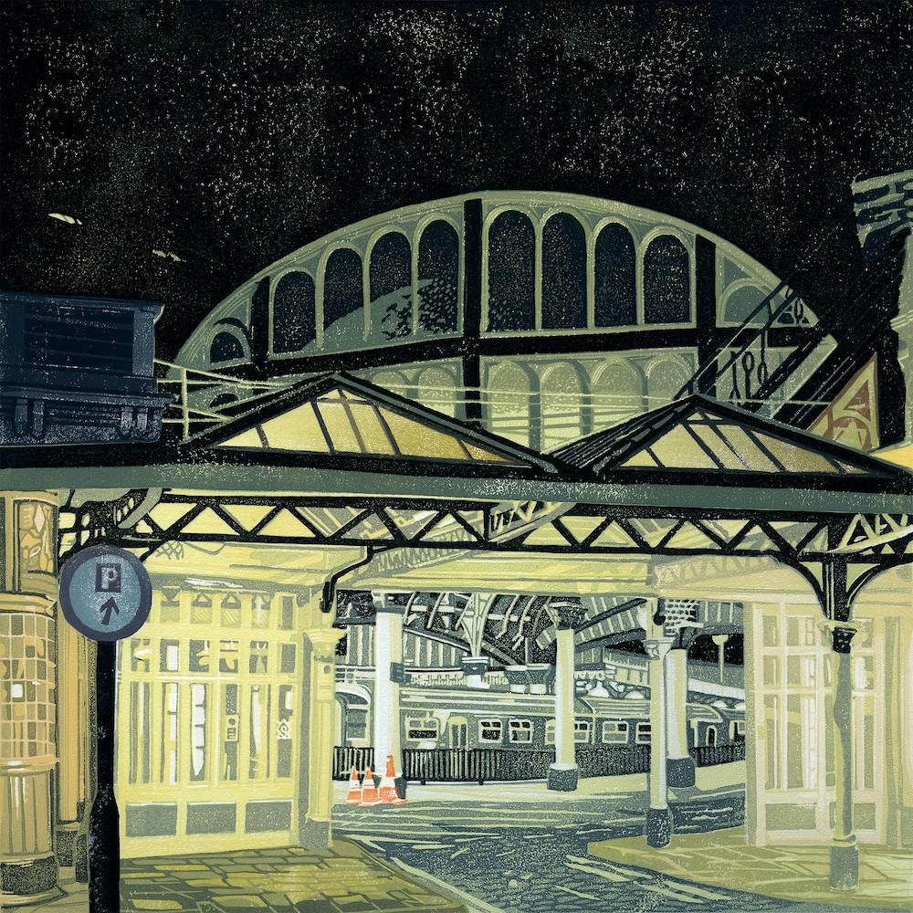 York Station Night Reduction Linocut