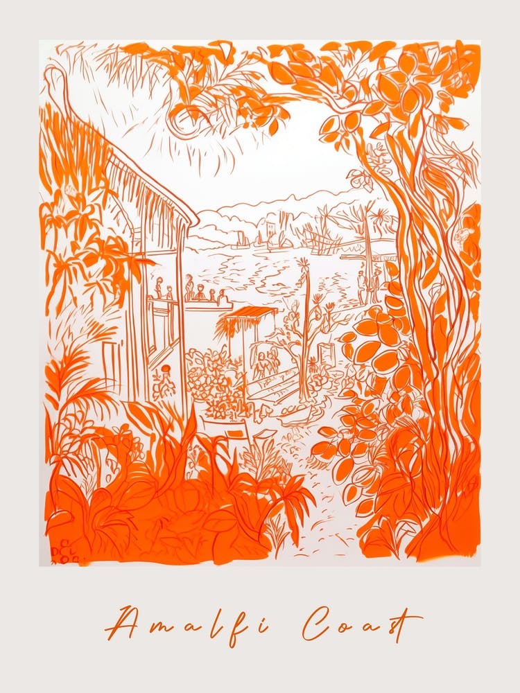 Amalfi Coast Italy Orange Drawing Poster