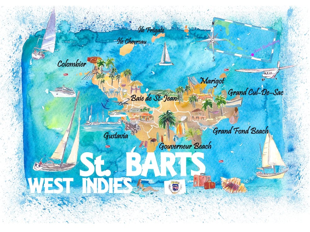 Saint Barts West Indies Illustrated Travel Map With Roads And Highlights