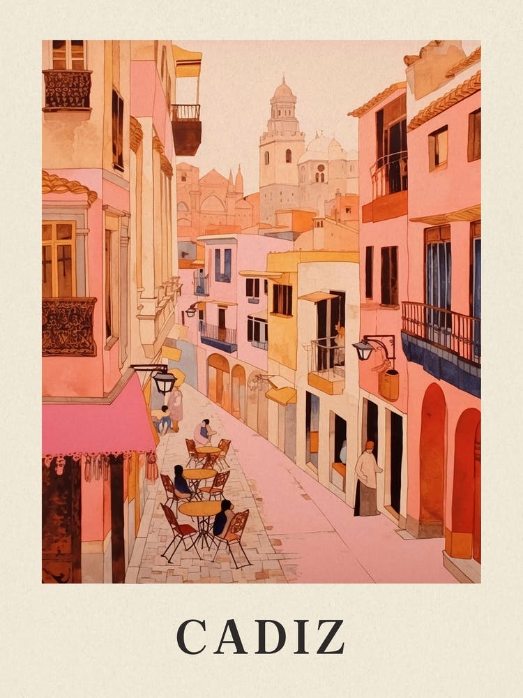 Cadiz Spain 1 Vintage Pink Travel Illustration Poster