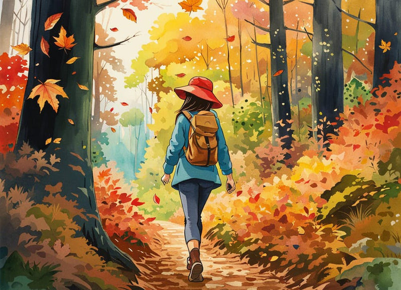 Watercolor Fall Hike in Forest Landscape