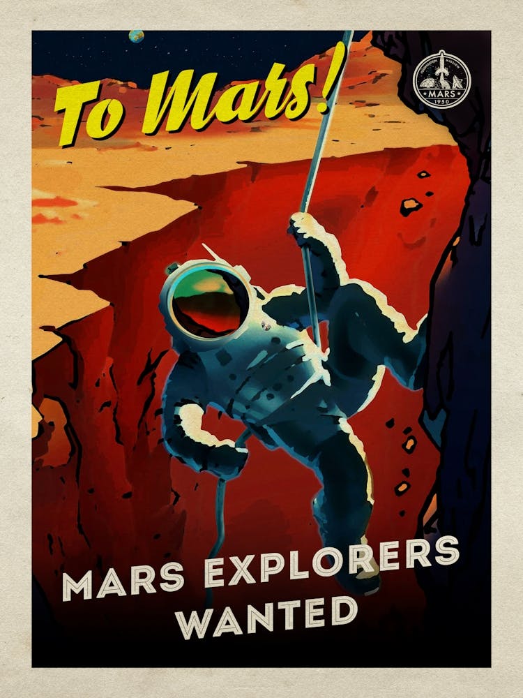 To Mars! Mars explorers wanted — Vintage retro space poster, retrofuturism poster, retro space, propaganda poster