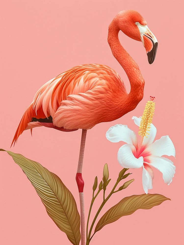 Andean Flamingo And Tiare Flower Minimalist Illustration 4