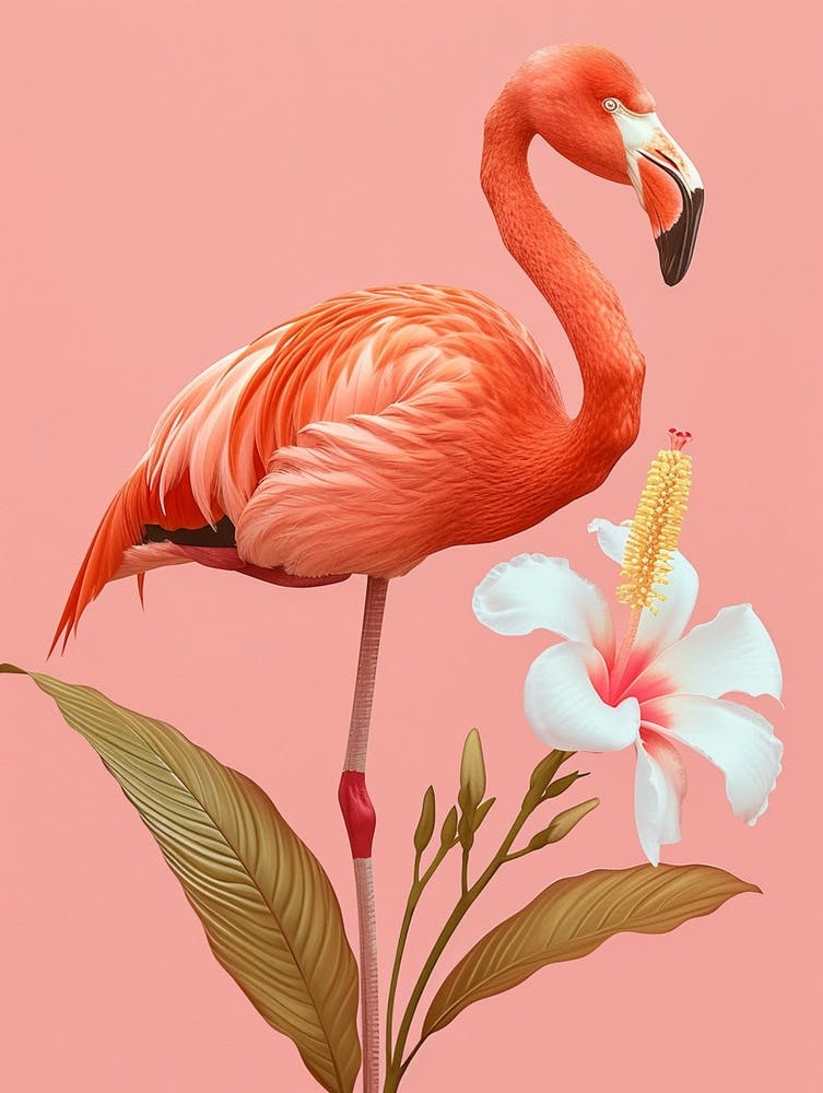 Andean Flamingo And Tiare Flower Minimalist Illustration 4