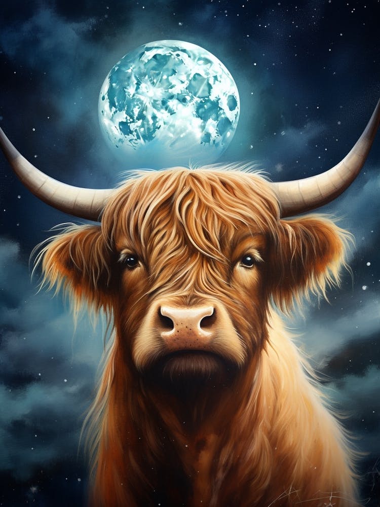 Watercolour Of Highland Cow At Night 2