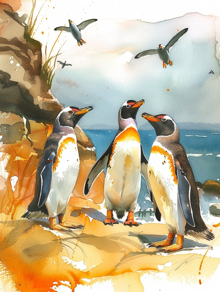 Humboldt Penguin Paradise Harbor Watercolour Painting 1