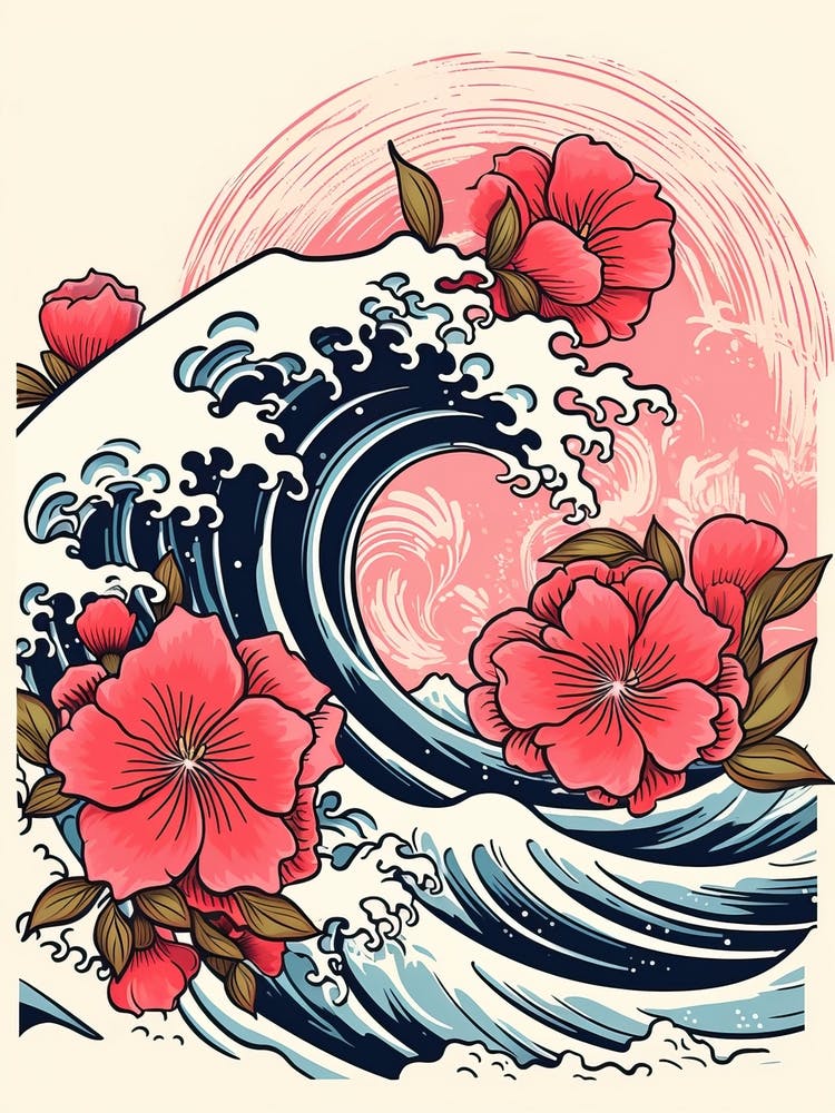 Great Wave With Rose Flower Drawing In The Style Of Ukiyo E 1